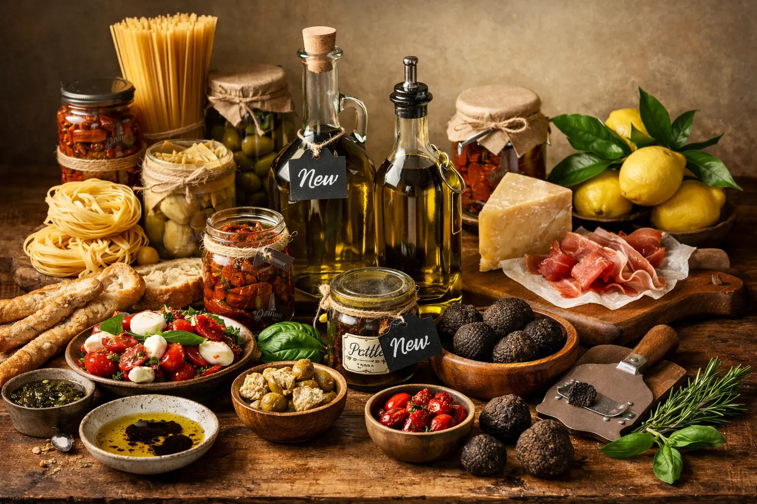 Premium italienische Delikatessen mit Olivenöl, Pasta, Antipasti und Trüffeln als Neuheiten arrangiert