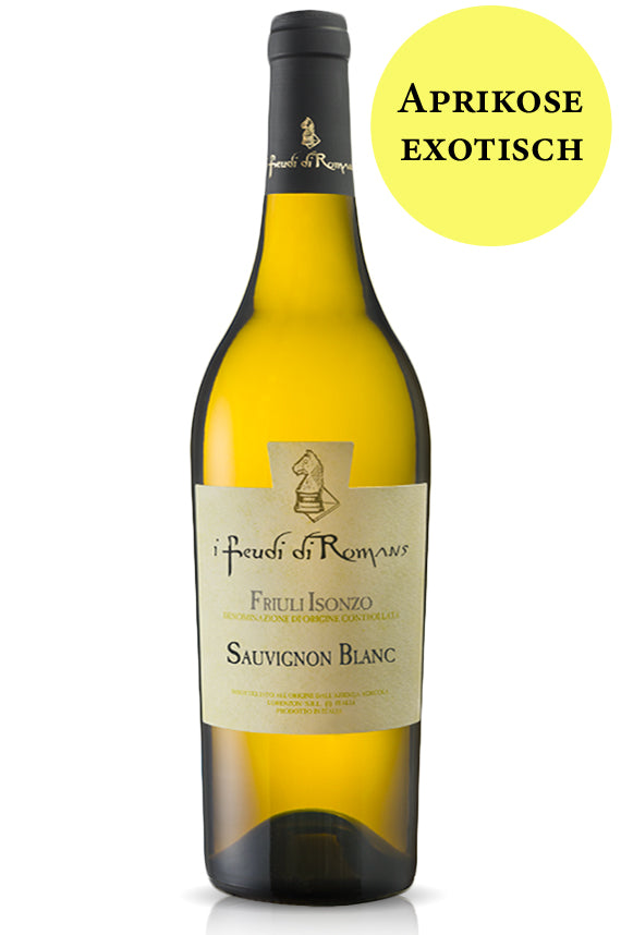 Italienischer Sauvignon Blanc Weißwein aus Friaul, Flasche mit Etikett, Hinweis Aprikose exotisch