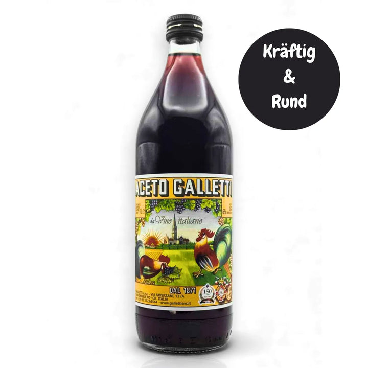 Flasche italienischer Rotweinessig Aceto Galletti 1L, kräftig und rund, mit farbigem Etikett.
