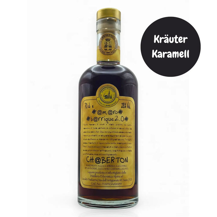 Flasche Amaro Barrique Chaberton, dunkler Kräuterlikör mit gelbem Etikett, Text: Kräuter Karamell