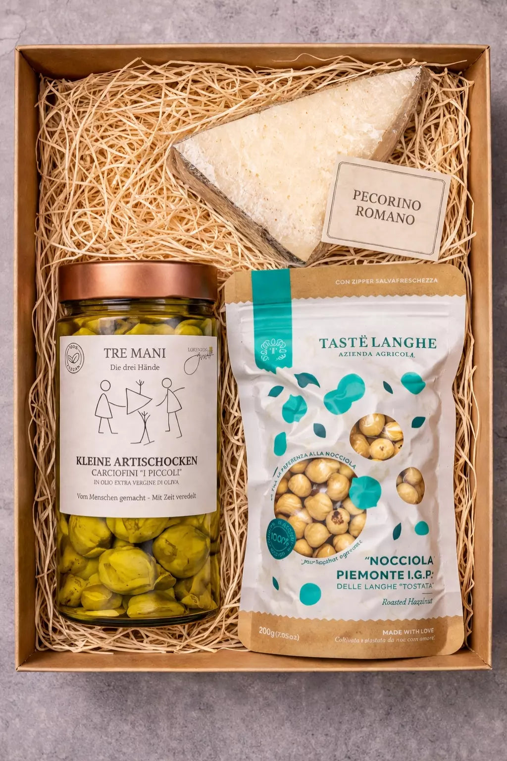 Artischocken Rezeptbox Medium mit kleinen Artischocken, Pecorino Romano und Haselnüssen aus dem Piemont