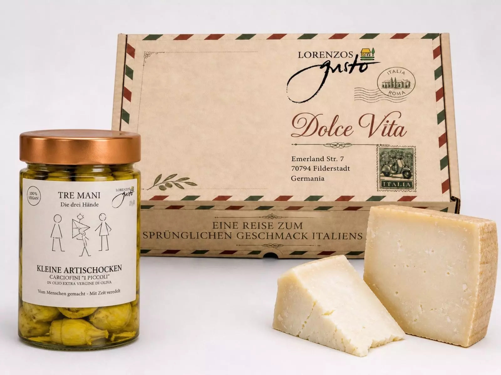 Italienische Feinkost mit Artischocken und Käse in Geschenkbox Dolce Vita