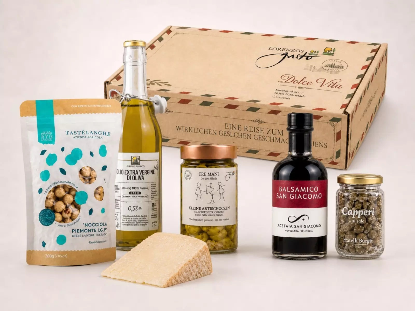 Italienische Feinkost-Geschenkbox mit Olivenöl, Balsamico, Käse, Nüssen & Antipasti – Dolce Vita Genuss