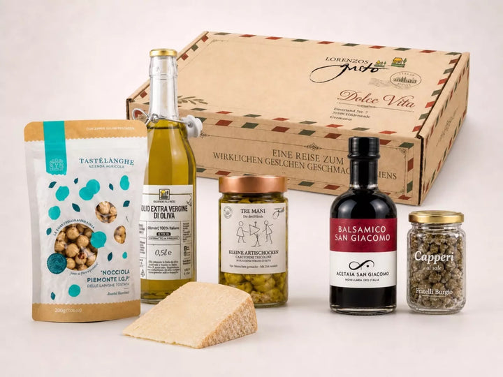 Italienische Feinkost-Geschenkbox mit Olivenöl, Balsamico, Käse, Nüssen & Antipasti – Dolce Vita Genuss