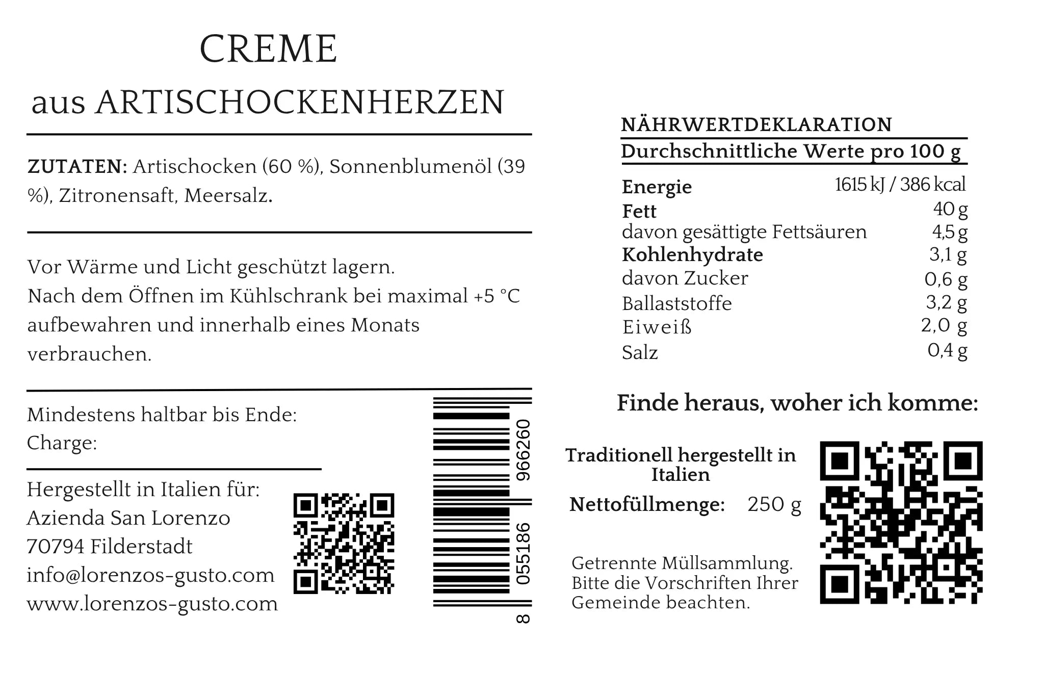 Etikett mit Nährwerten und Zutaten der Creme aus Artischockenherzen