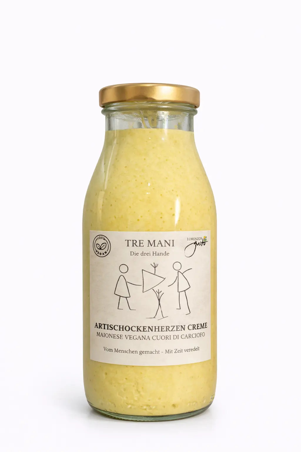 Artischockenherzen Creme von Tre Mani in Glasflasche mit goldenem Deckel auf weißem Hintergrund