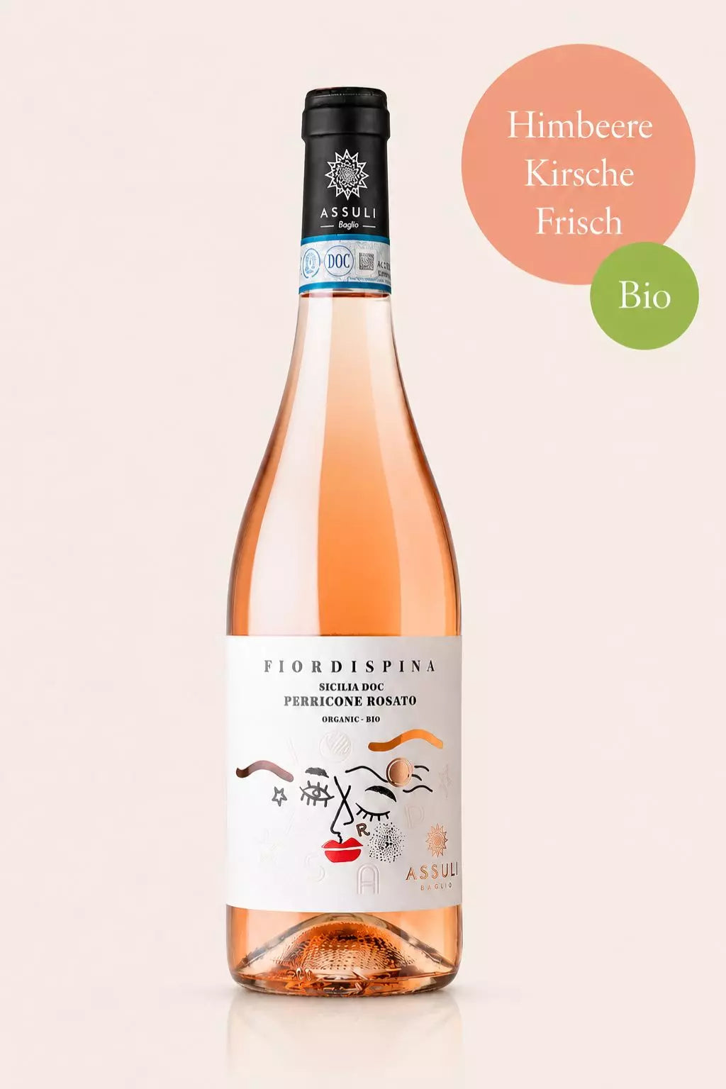 Flasche Assuli Fiordispina Perricone Rosé Bio aus Sizilien mit roten Beeren, Himbeere und Kirsche