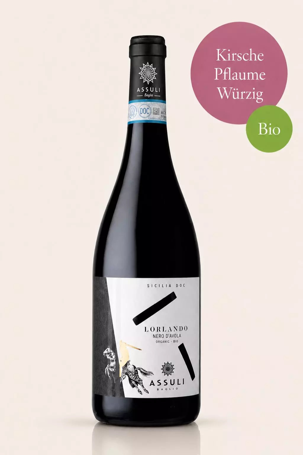 Flasche Assuli Nero d’Avola Bio-Rotwein aus Sizilien mit Kirsche, dunklen Beeren und feiner Würze