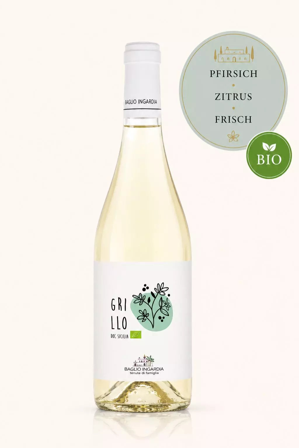 Flasche Baglio Ingardia Grillo Bio-Weißwein aus Sizilien mit Pfirsich, Zitrusfrucht und mediterranen Kräutern