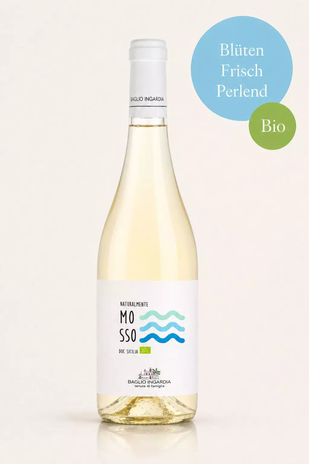 Flasche Baglio Ingardia Naturalmente Mosso Bio-Perlwein aus Sizilien mit floralen Noten und heller Frucht