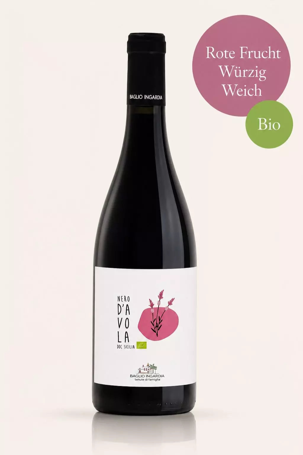 Flasche Baglio Ingardia Nero d’Avola Bio-Rotwein aus Sizilien mit roten Früchten und süßen Gewürzen
