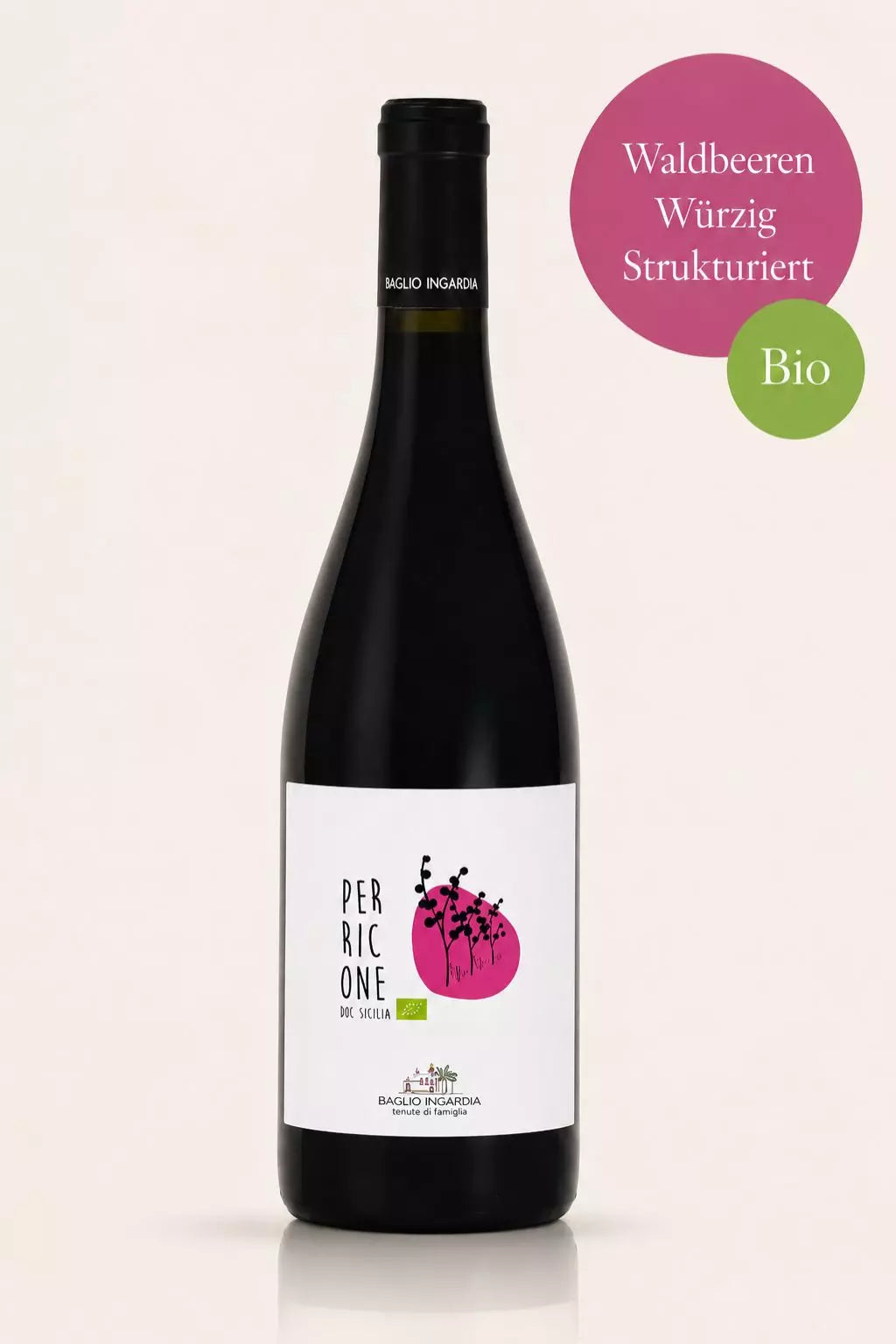 Flasche Baglio Ingardia Perricone Bio-Rotwein aus Sizilien mit Waldbeeren, Amarenakirsche und schwarzem Pfeffer