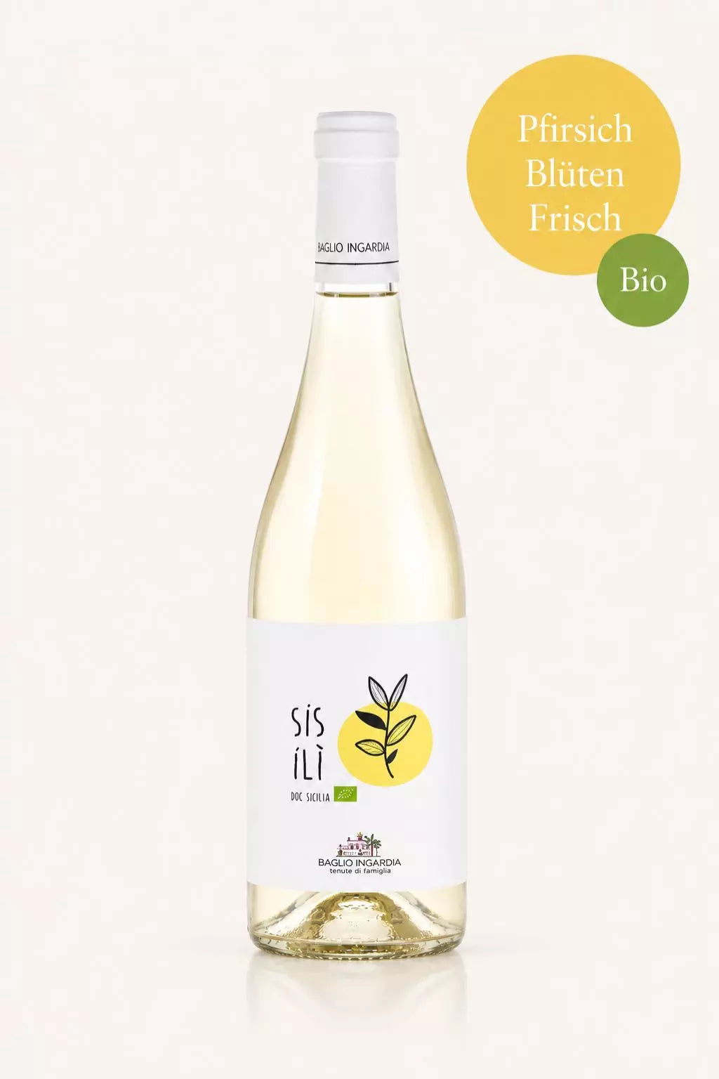 Flasche Baglio Ingardia Sisilì Bio-Weißwein aus Sizilien aus Grillo und Zibibbo mit Pfirsich, Orangenblüte und Kräutern