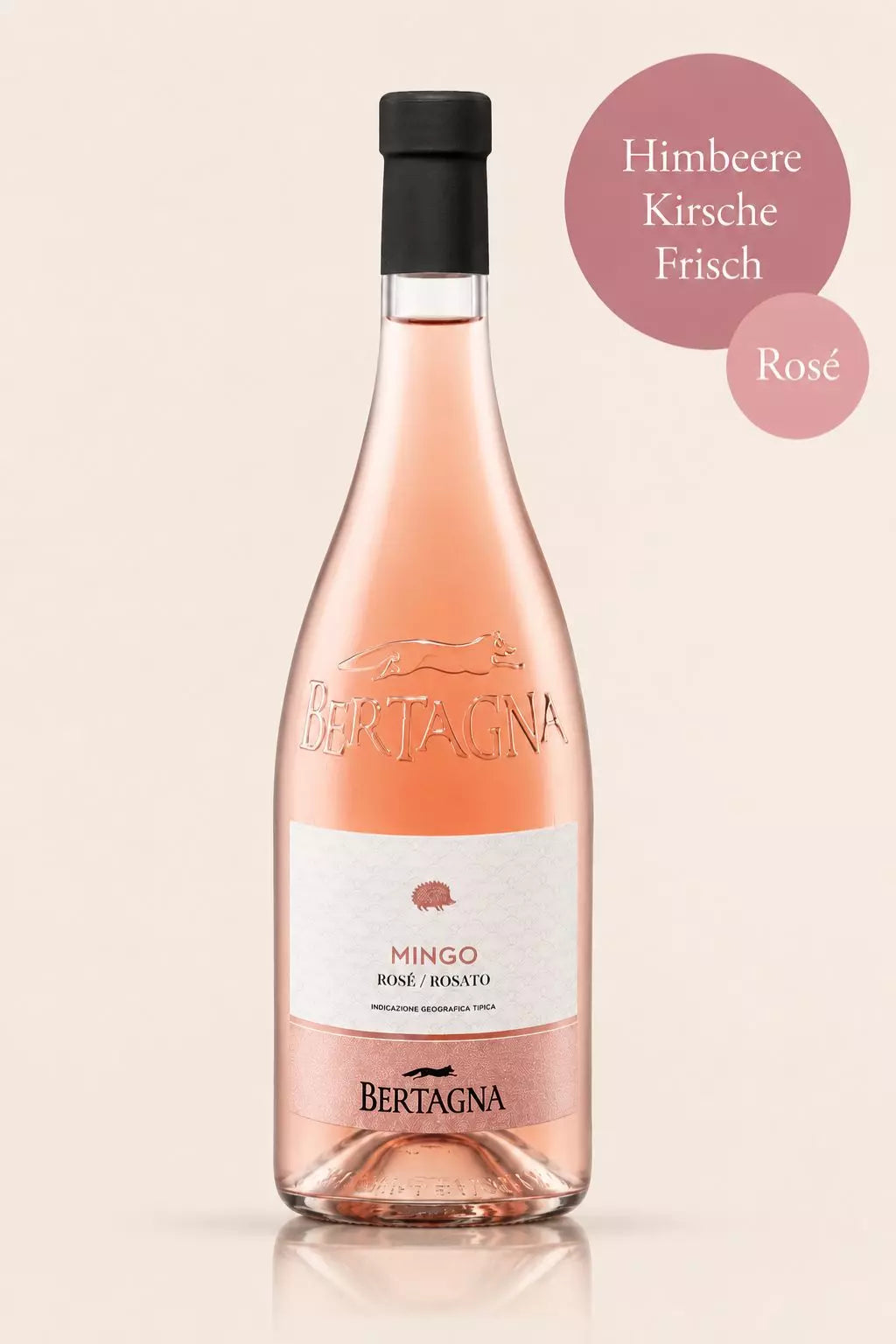 Flasche Cantina Bertagna Mingo Rosé Rosato aus Norditalien mit roten Beeren, Himbeere und Kirsche