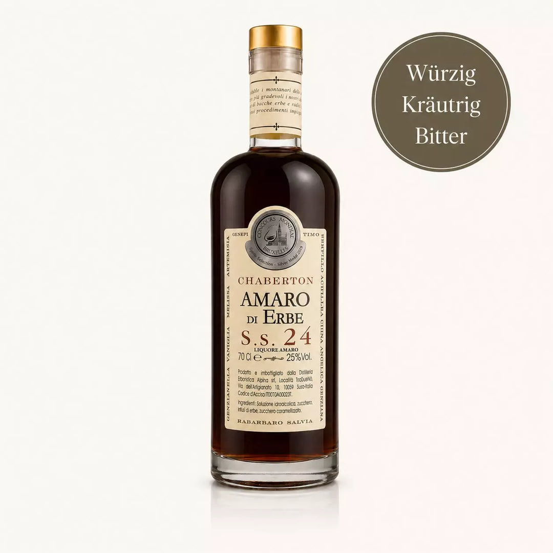 Flasche Chaberton Amaro di Erbe S.S. 24 mit würzigem, kräutrigem und bitterem Geschmacksprofil