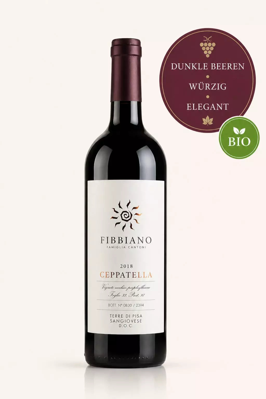 Flasche Fattoria Fibbiano Ceppatella Bio-Sangiovese aus der Toskana mit dunklen Beeren, Kirsche und würzigen Noten