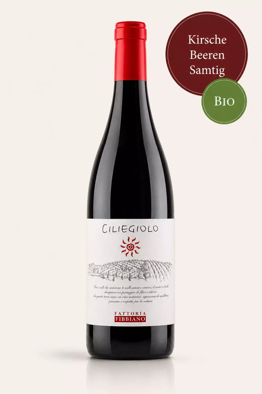 Flasche Fattoria Fibbiano Ciliegiolo Bio-Rotwein aus der Toskana mit Kirsche, Himbeere und dunklen Waldfrüchten