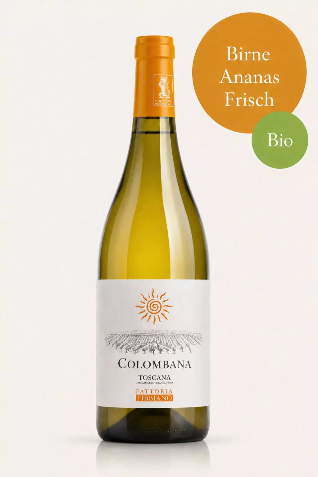 Flasche Fattoria Fibbiano Colombana Bio-Weißwein aus der Toskana mit Aromen von Birne, Ananas und Papaya