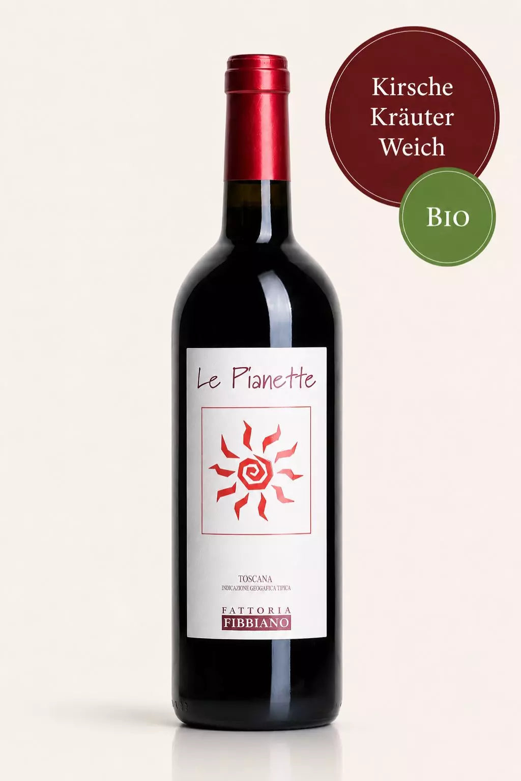 Flasche Fattoria Fibbiano Le Pianette Bio-Rotwein aus der Toskana mit Kirsche, Kräutern und feiner Würze