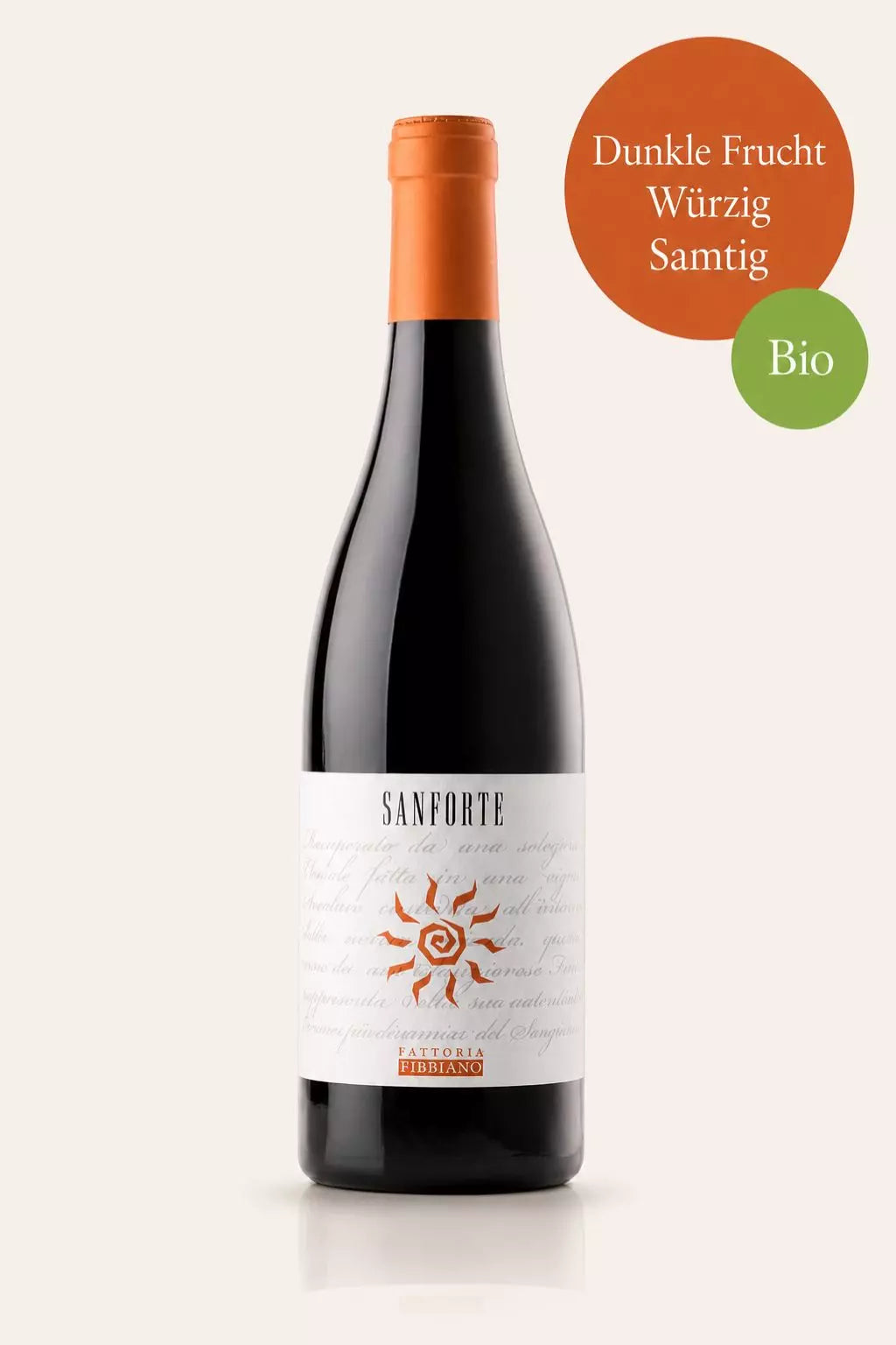 Flasche Fattoria Fibbiano Sanforte Bio-Rotwein aus der Toskana mit dunklen Früchten, Pfeffer und Tabak