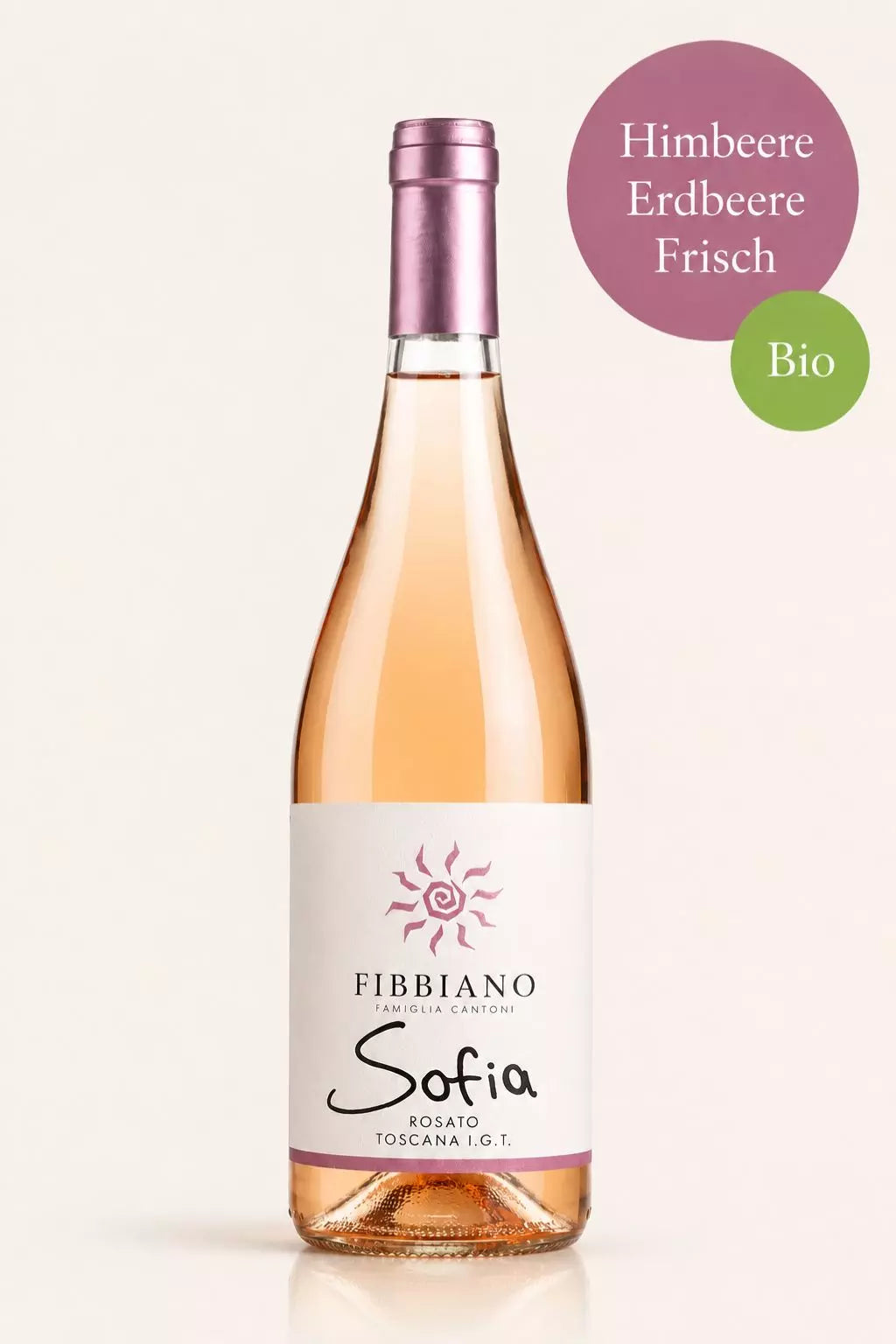 Flasche Fattoria Fibbiano Sofia Rosè Bio-Rosé aus der Toskana mit Himbeere, Erdbeere und roten Waldbeeren