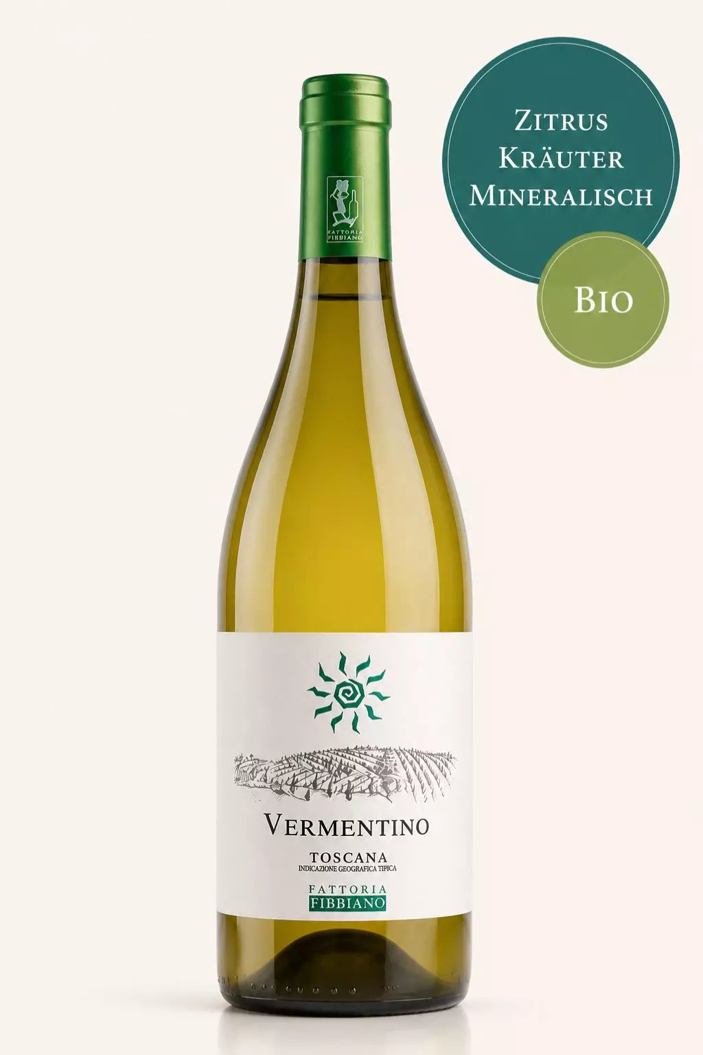 Flasche Fattoria Fibbiano Vermentino Bio-Weißwein aus der Toskana mit Zitrusnoten und mineralischem Charakter