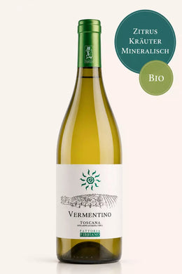 Flasche Fattoria Fibbiano Vermentino Weißwein aus der Toskana mit Zitrusnoten und mineralischem Charakter