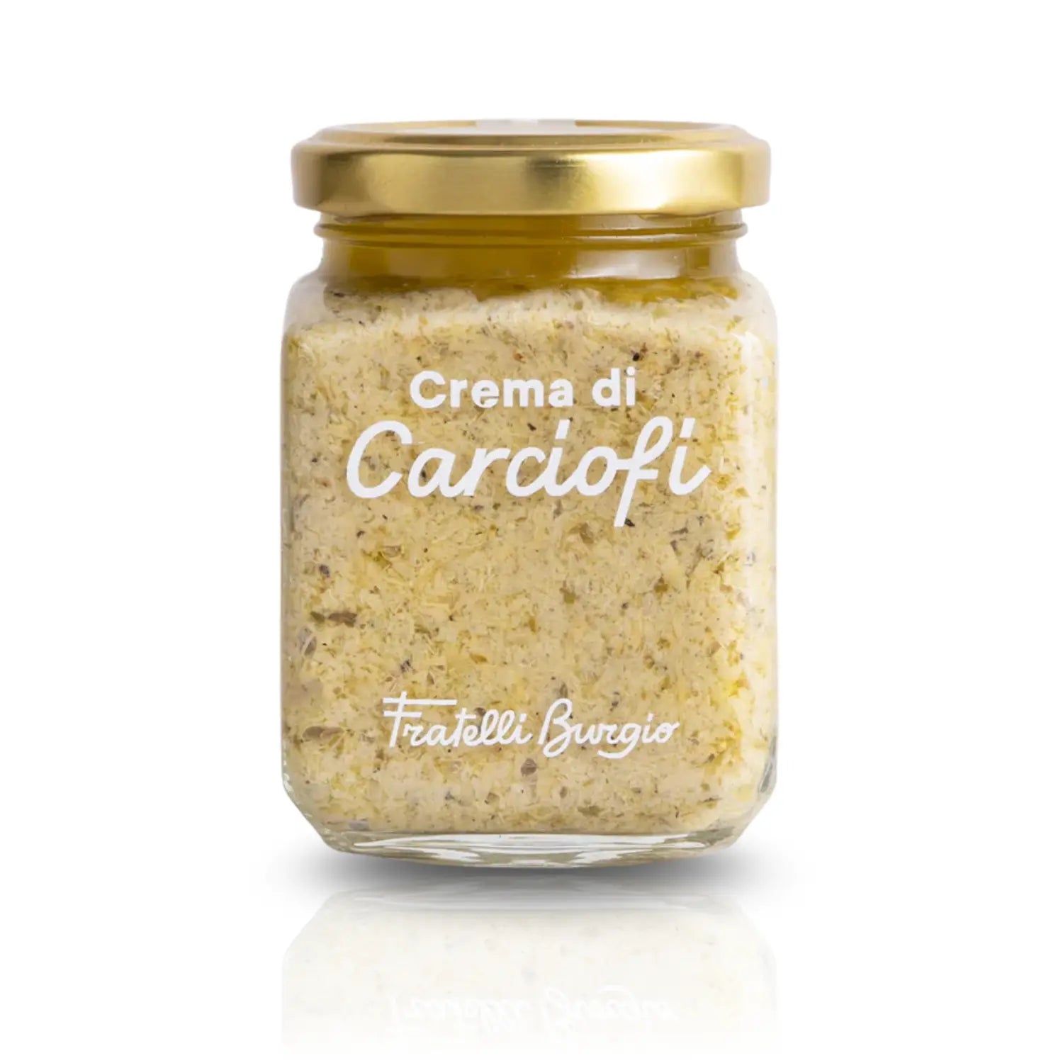 Glas Fratelli Burgio Crema di Carciofi – italienische Artischockencreme, fein püriert, im Glas mit goldenem Deckel.