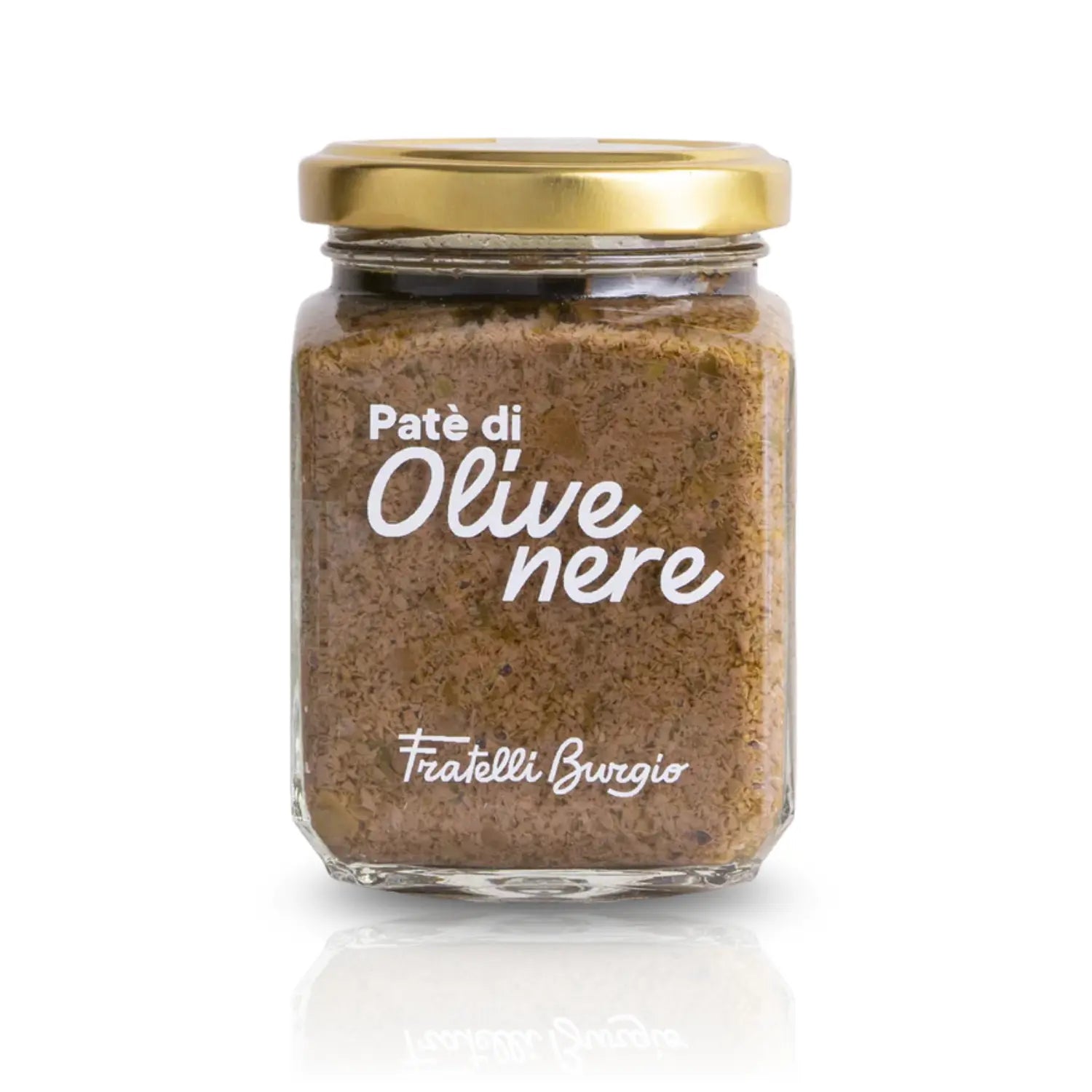 Glas Fratelli Burgio Paté di Olive Nere – schwarze Olivenpaste, cremig gewürzt, im Glas mit goldenem Deckel.
