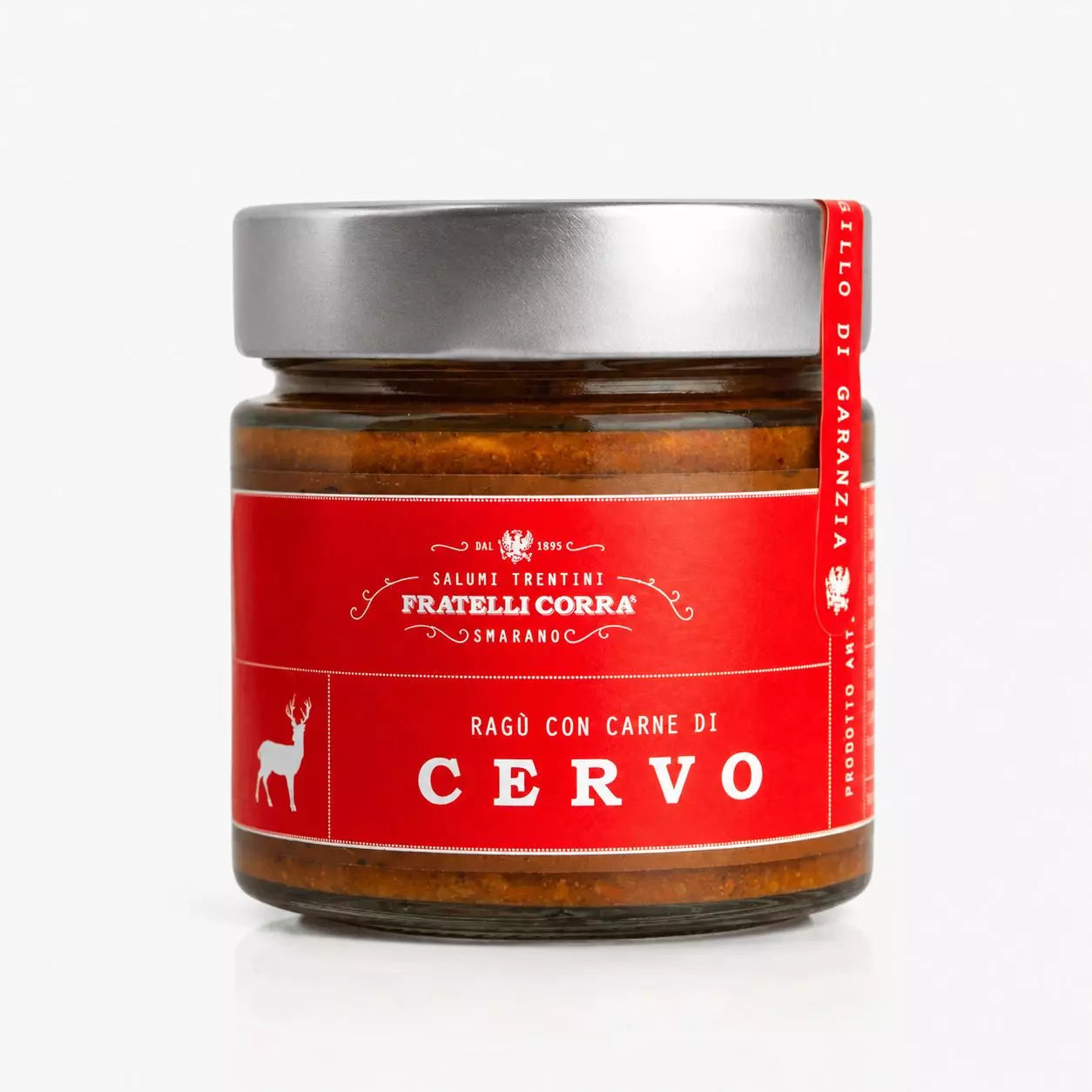 Glas Fratelli Corrà Ragù di Cervo mit Hirschfleisch auf hellem Hintergrund