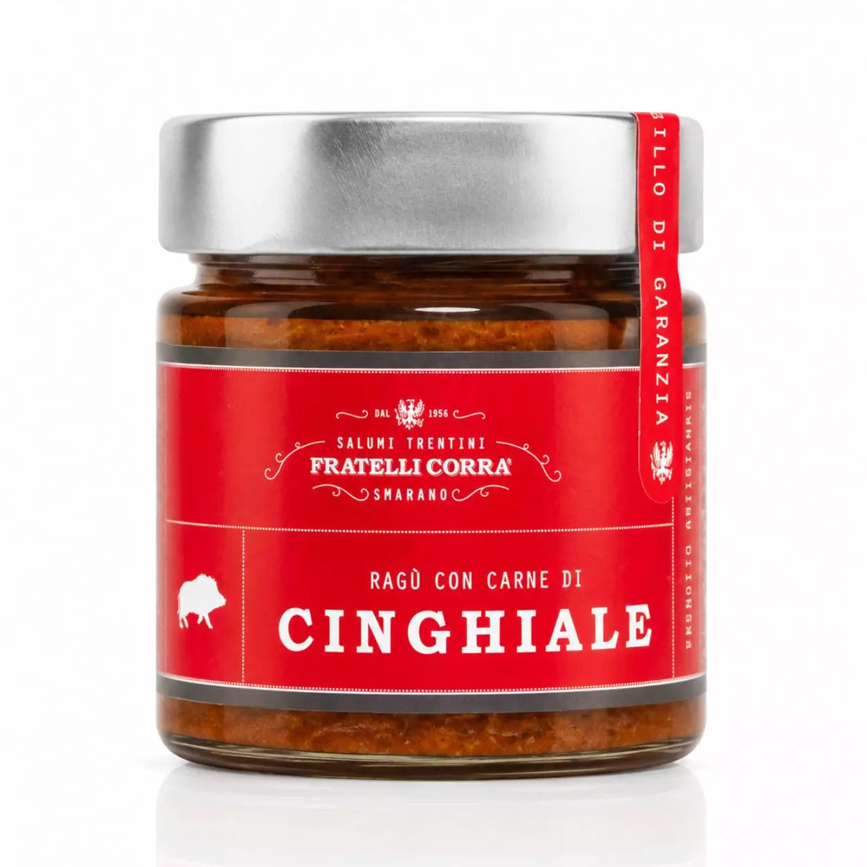 Glas Fratelli Corrà Ragù di Cinghiale mit Wildschweinfleisch auf hellem Hintergrund