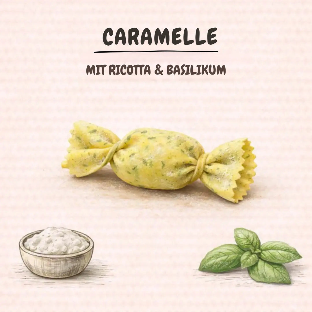 Italienische Caramelle Pasta gefüllt mit Ricotta und Basilikum, daneben Ricotta-Schale und Basilikumblatt.