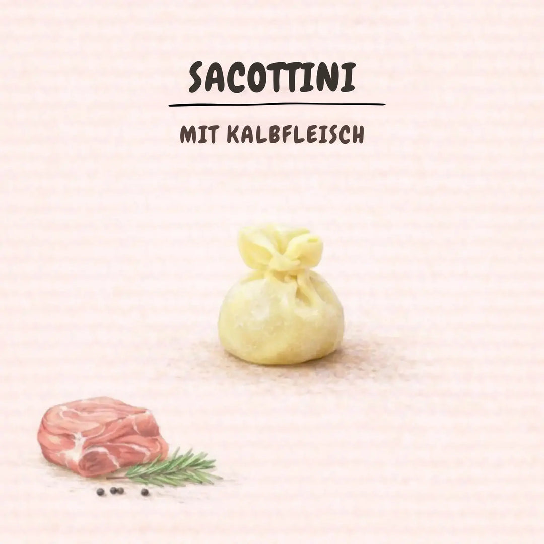 Frische italienische Sacottini gefüllt mit Kalbfleisch, daneben Kalbfleisch, Rosmarin und Pfeffer.