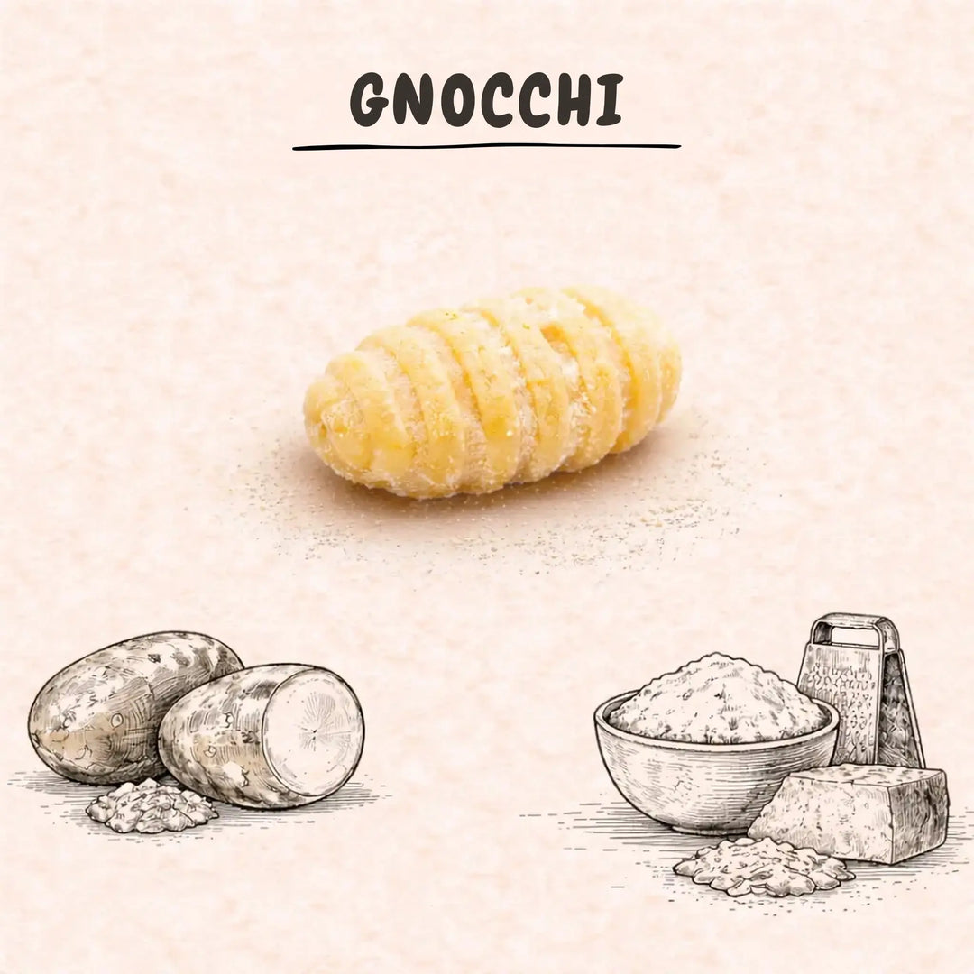 Frische Kartoffel-Gnocchi auf hellem Hintergrund, daneben gezeichnete Kartoffeln, Mehl und Käse.