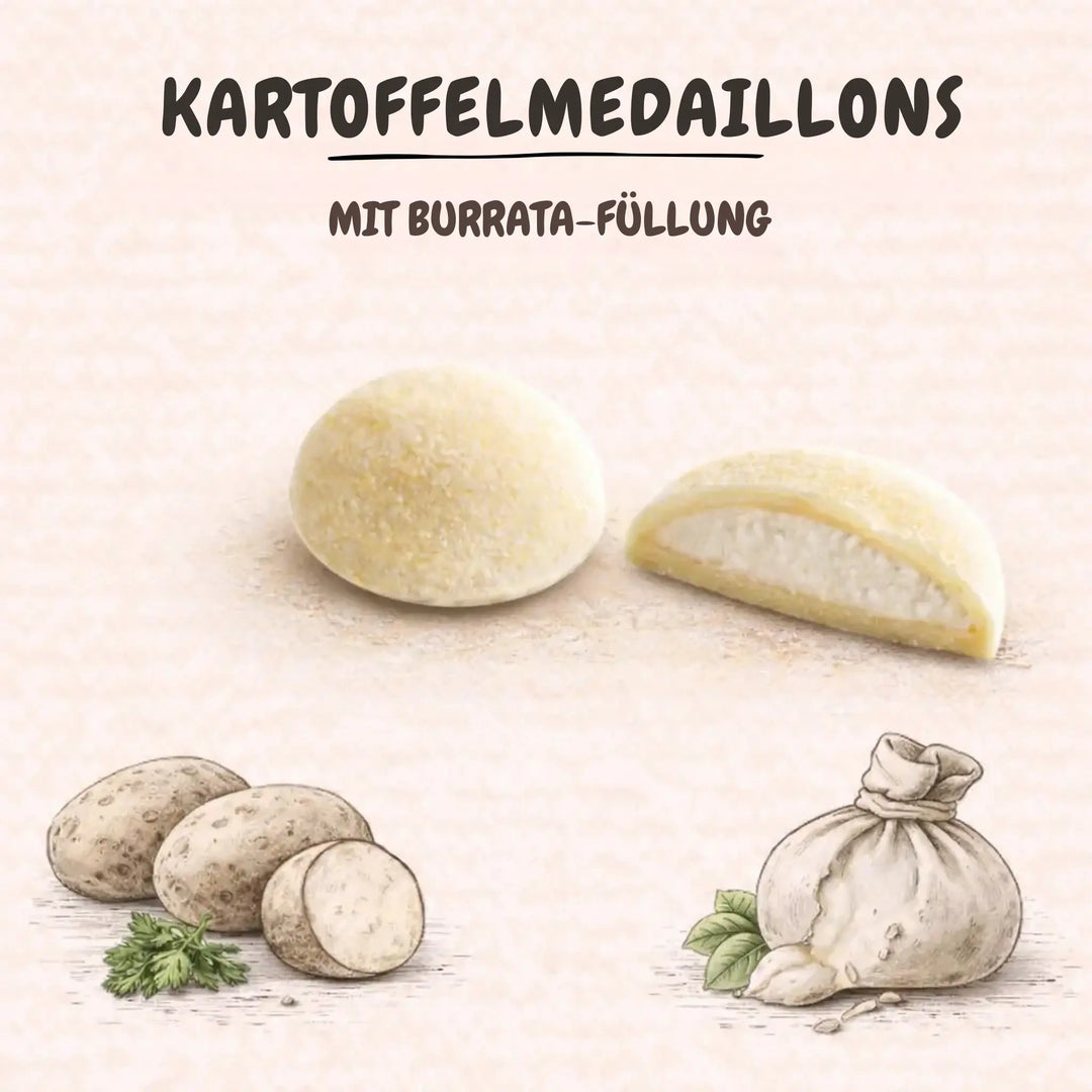 Kartoffelmedaillons mit Burrata-Füllung, ganze und aufgeschnitten, illustriert mit Kartoffeln und Burrata.
