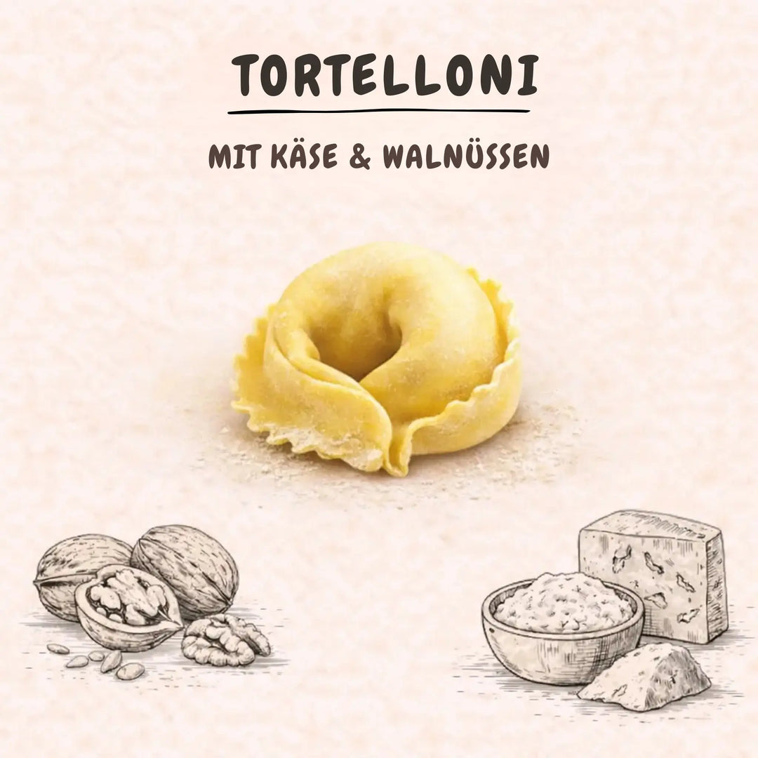 Frische Tortelloni gefüllt mit Käse und Walnüssen, umgeben von Illustrationen von Walnüssen und Käse.