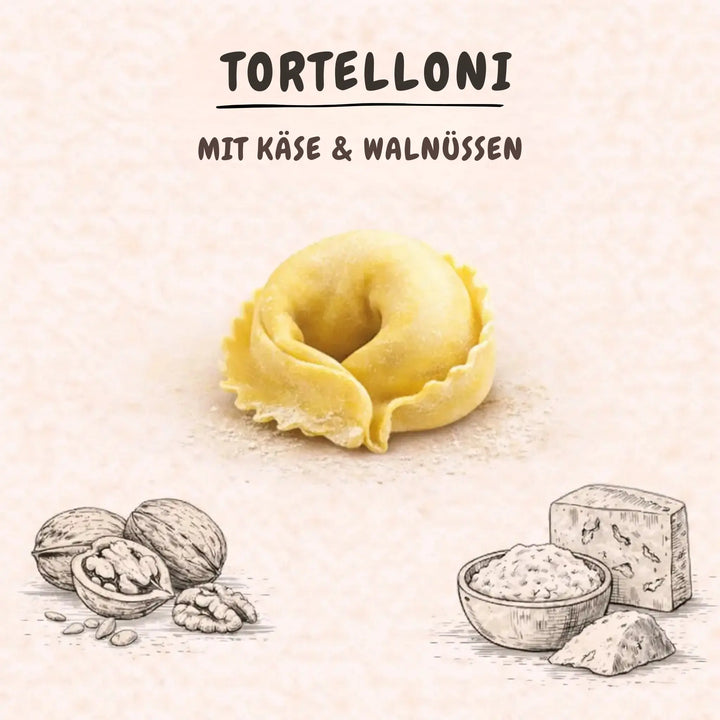 Frische Tortelloni gefüllt mit Käse und Walnüssen, umgeben von Illustrationen von Walnüssen und Käse.