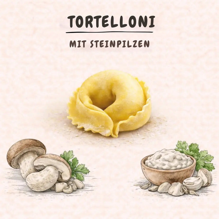 Frische Tortelloni mit Steinpilzen, illustriert mit Pilzen und Füllung auf hellen Hintergrund.