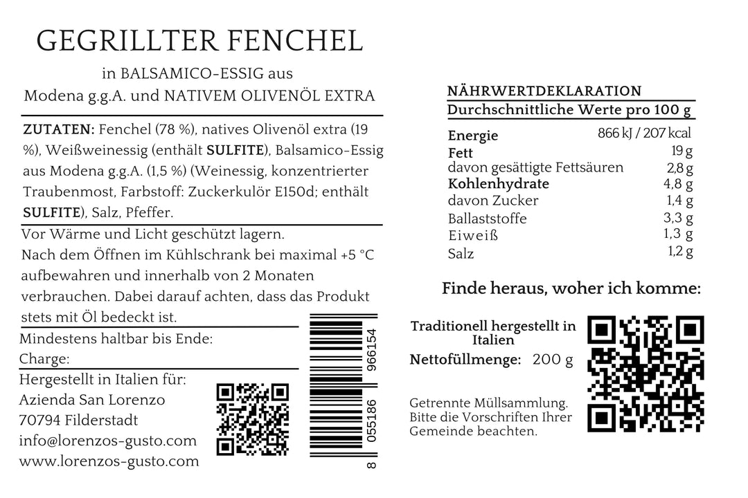 Nährwertangaben und Zutaten von gegrilltem Fenchel in Balsamico-Essig und nativem Olivenöl extra