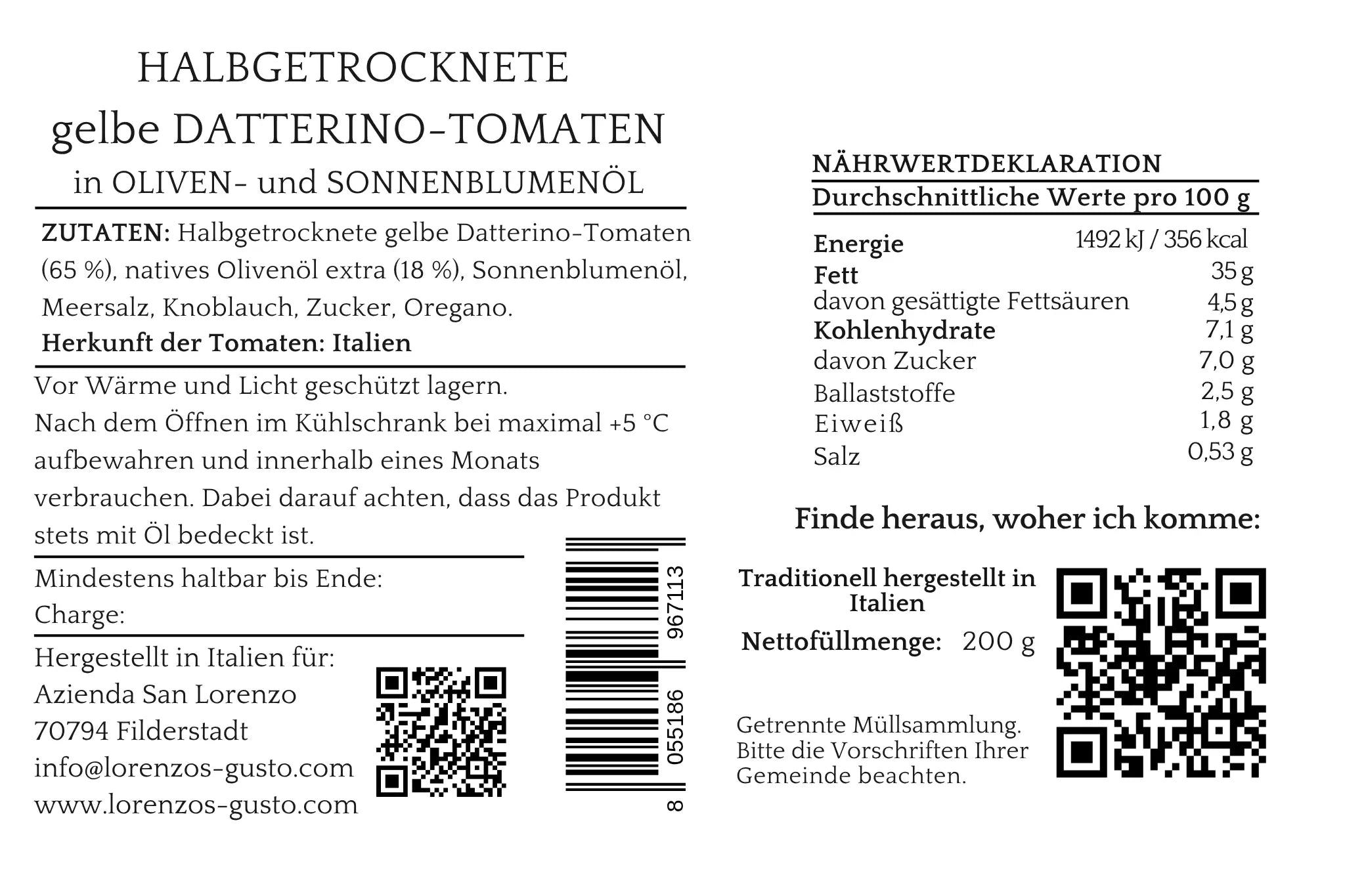Nährwerte und Zutaten von halbgetrockneten gelben Datterino-Tomaten in Öl