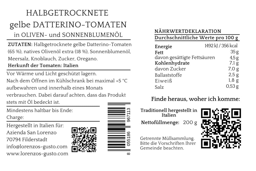 Nährwerte und Zutaten von halbgetrockneten gelben Datterino-Tomaten in Öl