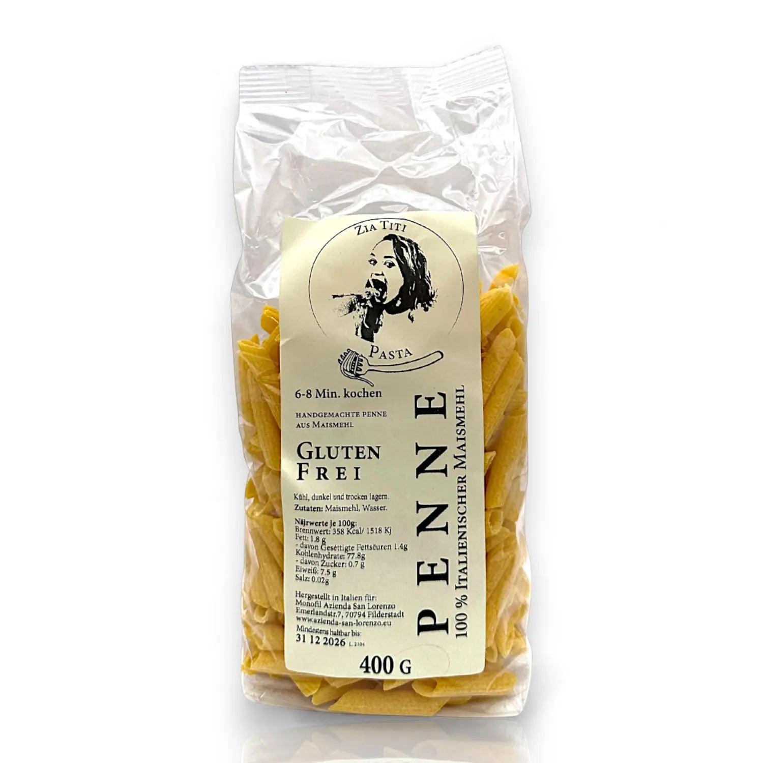 Glutenfreie Penne aus italienischem Maismehl, handgemacht, 400 g Packung.