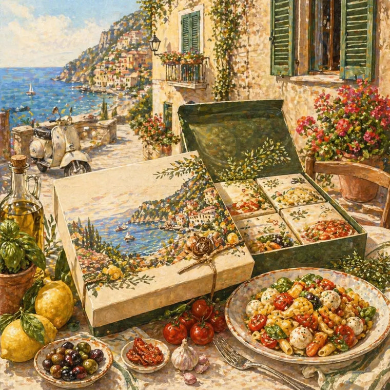 Italienische Genussbox mit mediterranen Spezialitäten vor einer Terrasse mit Blick auf die Amalfiküste