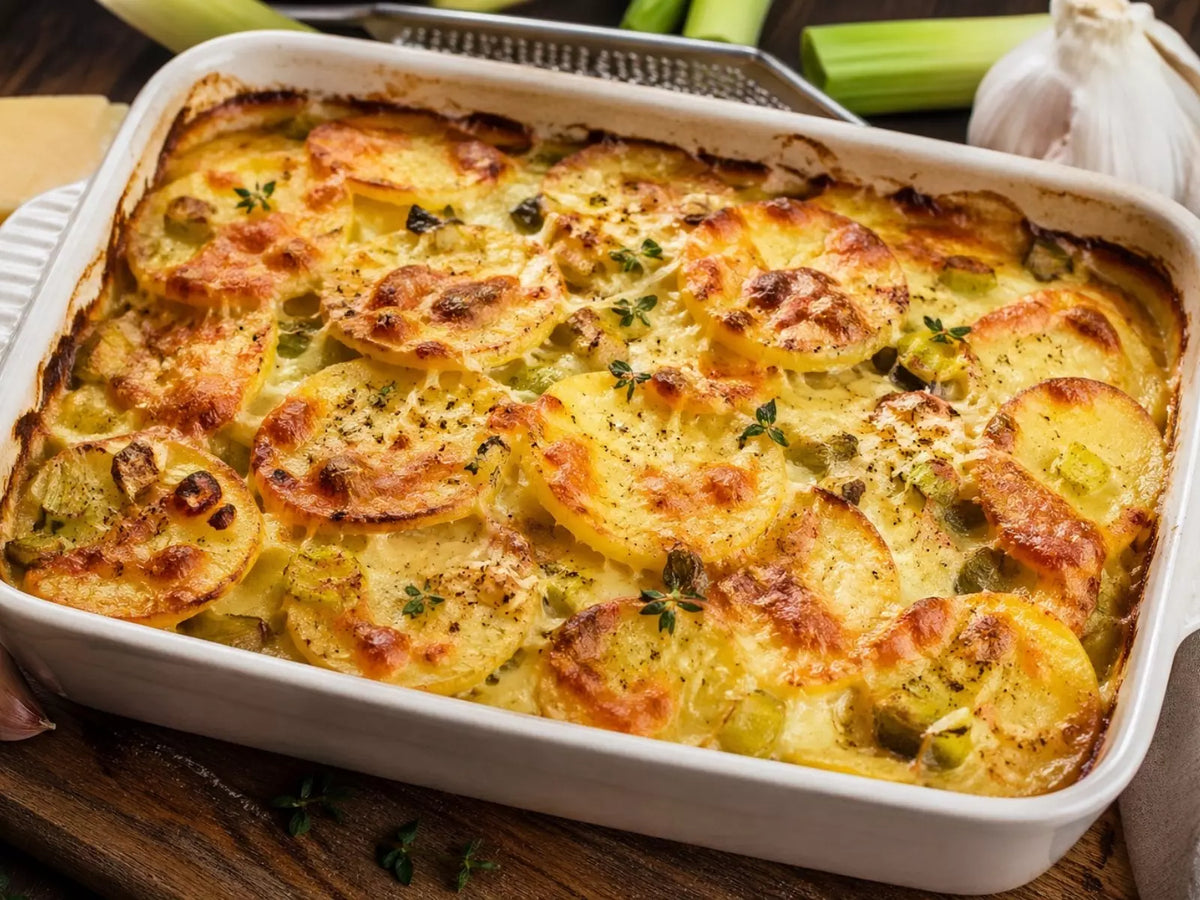 Cremiges Kartoffelgratin mit goldbrauner Kruste, Lauch und Parmesan in einer Auflaufform