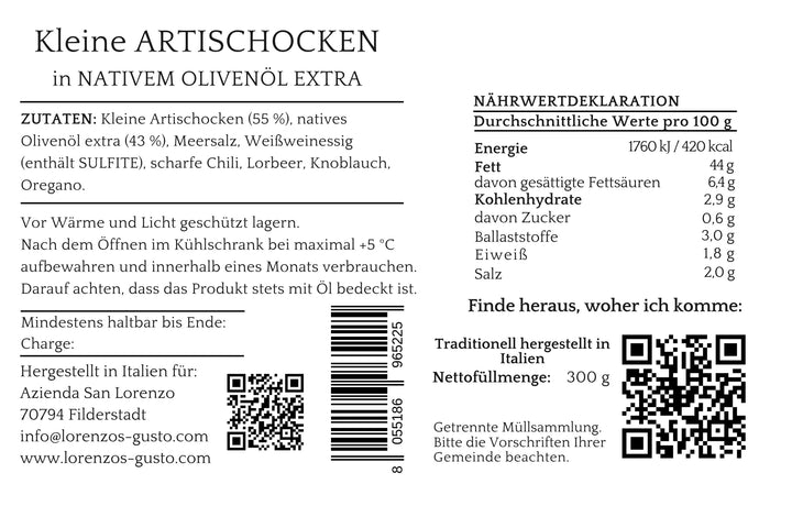 Etikett mit Nährwerten und Zutaten von kleinen Artischocken in Olivenöl
