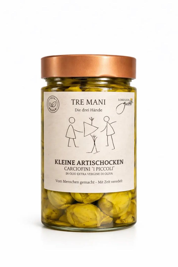 Kleine Artischocken in Olivenöl von Tre Mani im Glas – italienische Carciofini „I Piccoli“ in extra nativem Olivenöl