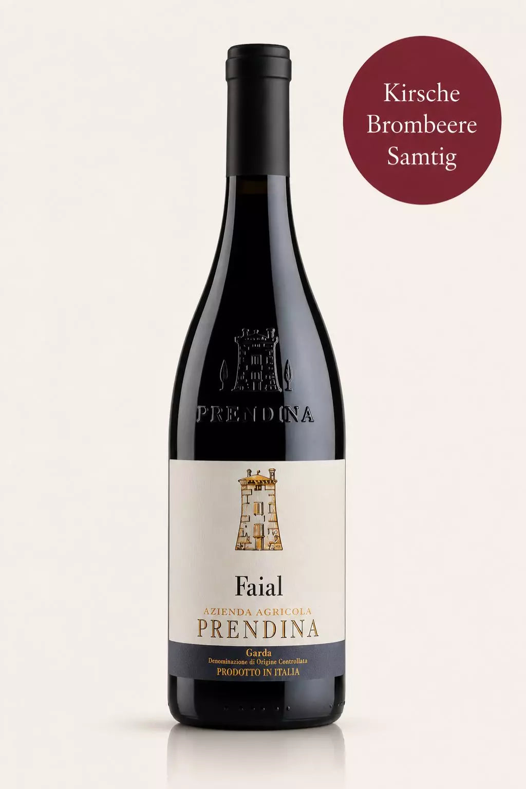 Flasche La Prendina Faial Garda DOC Merlot vom Gardasee mit Aromen von Kirsche, Brombeere und Pflaume