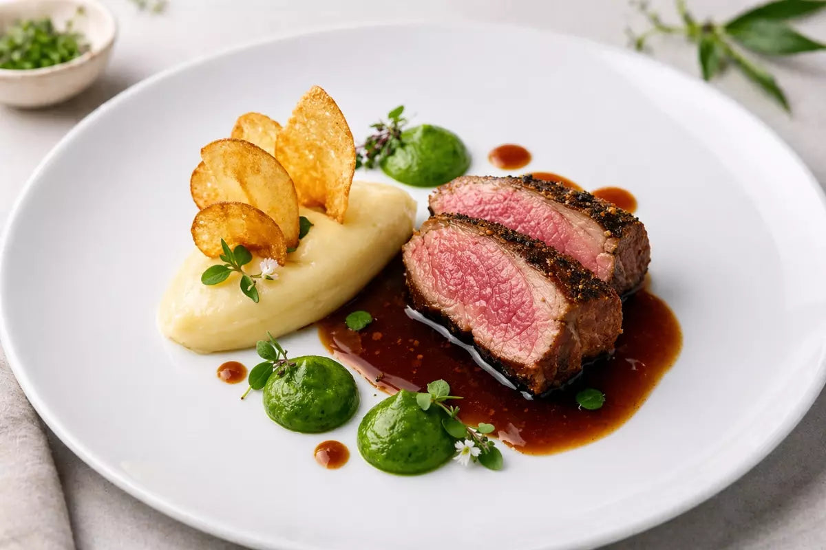 Rosa gebratener Lammrücken mit Kartoffelpüree, Chips und grüner Bärlauch-Emulsion
