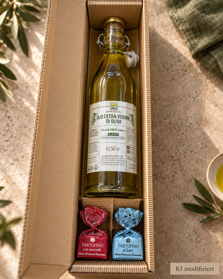 Olio d’Italia Olivenöl Geschenkset im 1er-Geschenkkarton mit zwei Tartufi – KI modifiziert