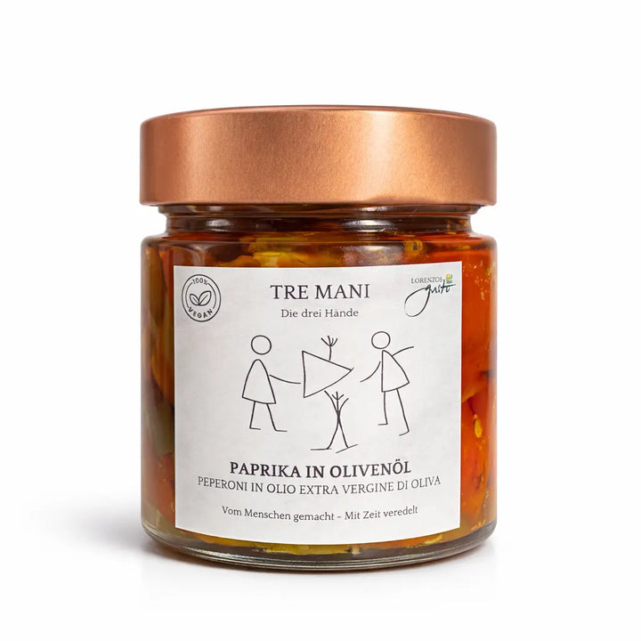 Paprika in Olivenöl – italienische Feinkost von kleinen Manufakturen, vegan, in Glas mit Kupferdeckel